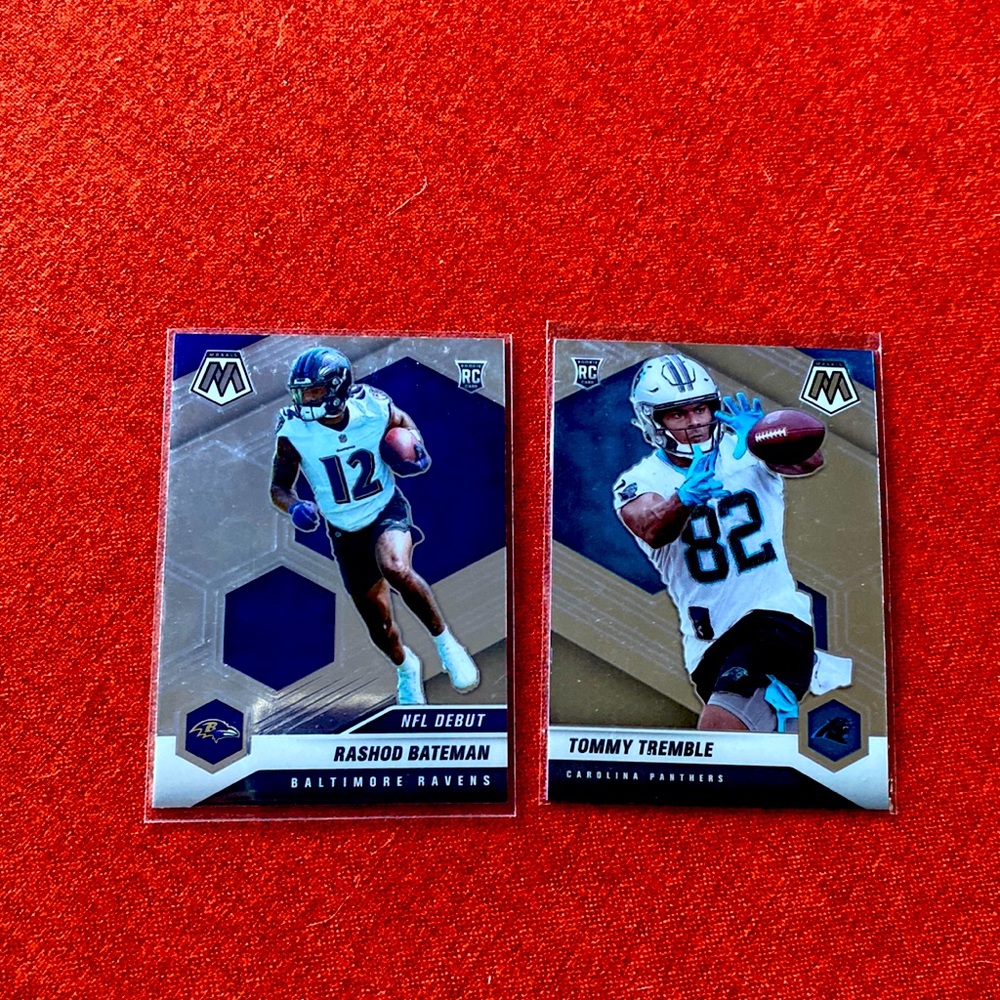 2 mosaic rookie cards (rashod bateman and Tommy tremble)